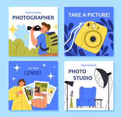 Photography studio posters set. Creativity and art. Man with camera, woman with pictures and photos. Lampd and armchairs. Cartoon flat vector collection isolated on blue background
