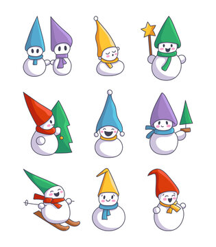 Cute Christmas snowman. Cheerful character in different scarves and hats. Vector drawing. Collection of design elements.