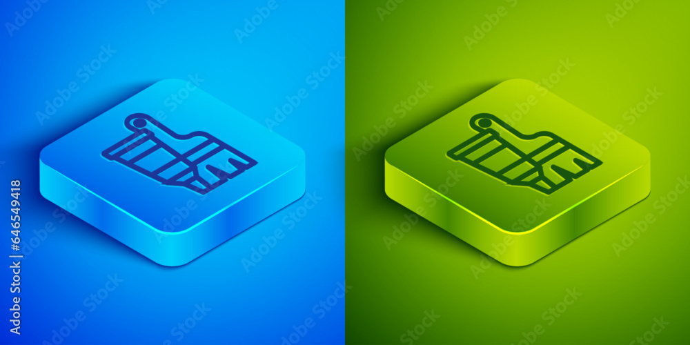 Poster isometric line tube with paint palette and brush icon isolated on blue and green background. square 