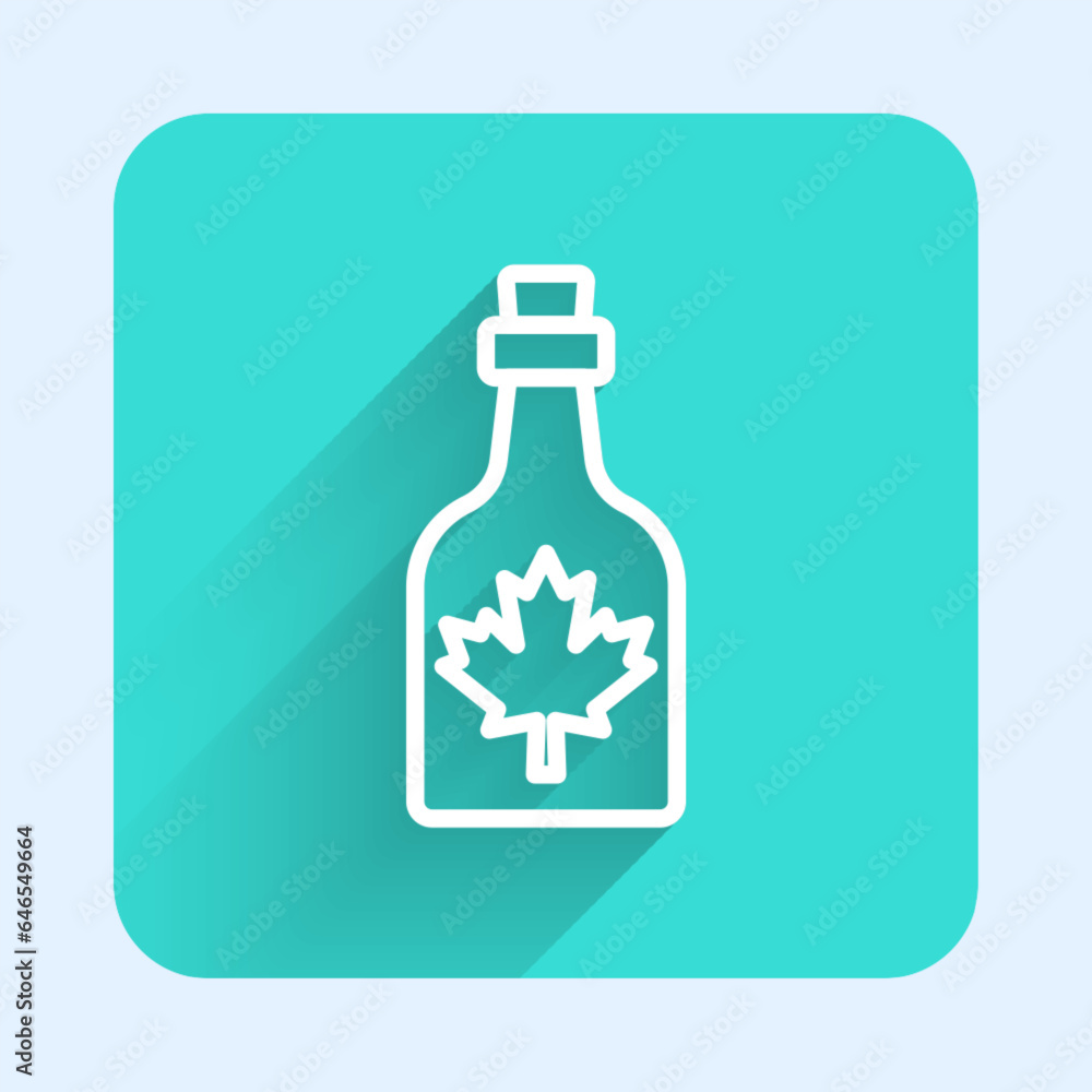 Poster white line bottle of maple syrup icon isolated with long shadow background. green square button. vec