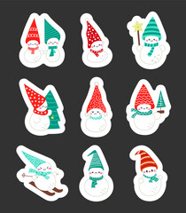 Cute Christmas snowman. Sticker Bookmark. Cheerful character in different scarves and hats. Vector drawing. Collection of design elements.