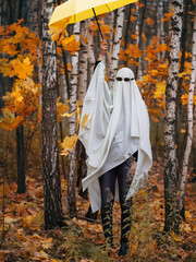 A woman in a creative Halloween sheet ghost costume and sunglasses holds a yellow umbrella in the park. Leaves are falling