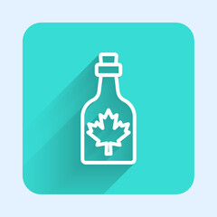 White line Bottle of maple syrup icon isolated with long shadow background. Green square button. Vector