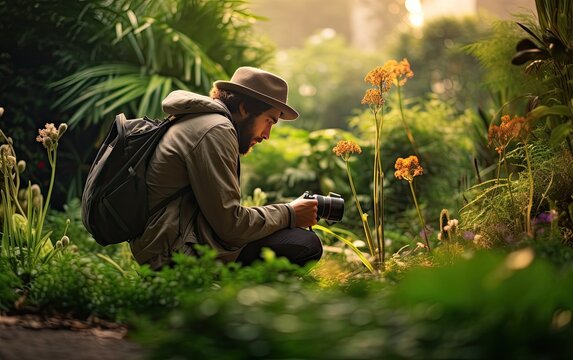Photographer with a camera taking photos of plants and insects in nature