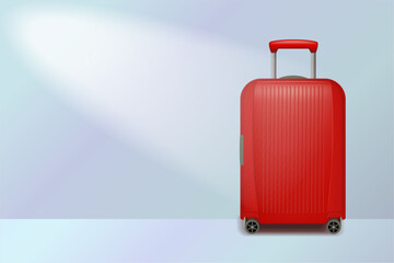 Realistic red wheeled travel bag with hand. Plastic travel suitcase. 3d illustration isolated on light blue background. Vector illustration.