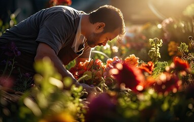 A farmer tending to a vibrant community garden, surrounded by blooming vegetables and herbs - obrazy, fototapety, plakaty