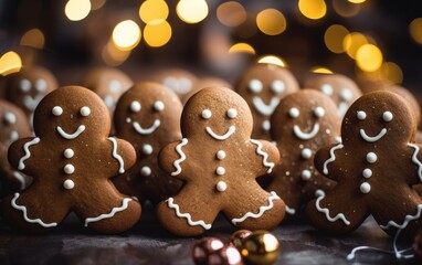 Gingerbread man cookies on a wooden background