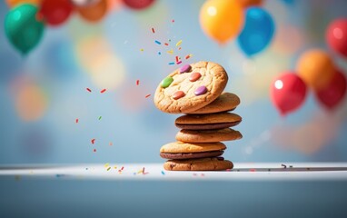 Levitating  cookies in a swirling motion, creating a dynamic and eye-catching composition