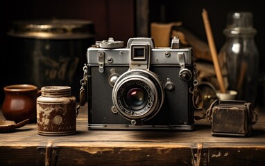 Fototapeta na wymiar Vintage photo camera on a wooden table