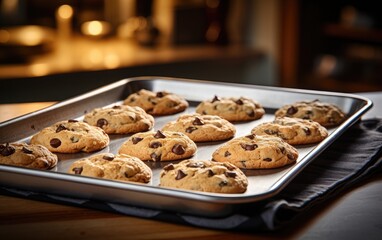 Freshly baked chocolate chip cookies on an oven tray