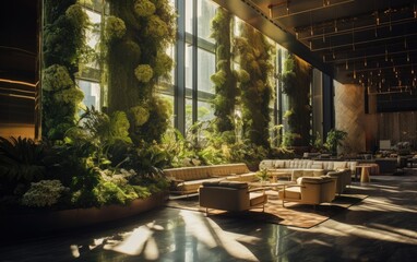Fototapeta premium A hotel lobby adorned with a towering vertical garden, providing guests with a refreshing and inviting atmosphere