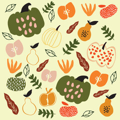 seamless pattern with pumpkins and peach and abstract shapes