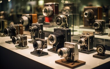 Fototapeta na wymiar A collection of vintage photo cameras displayed in a museum