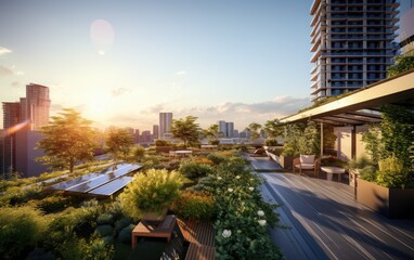 An urban rooftop adorned with solar panels and greenery, showcasing the integration of renewable energy and green spaces in city architecture