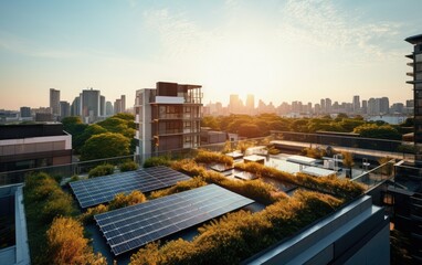 An urban rooftop adorned with solar panels and greenery, showcasing the integration of renewable energy and green spaces in city architecture - obrazy, fototapety, plakaty