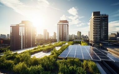 An urban rooftop adorned with solar panels and greenery, showcasing the integration of renewable energy and green spaces in city architecture - obrazy, fototapety, plakaty