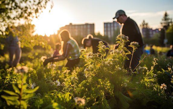 Group of volunteers planting trees and creating a green urban park as part of the rewilding efforts in the city	
