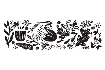 black and white flowers with hand drawn plants. Ornament in a paper cut style, hand drawn abstract poster