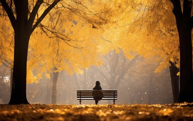Person sitting alone on a bench in a park in autumn time	