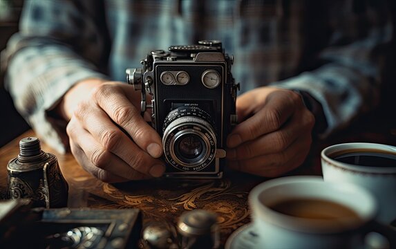 A person holding a vintage photo camera in his hands