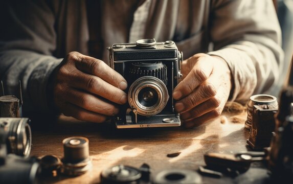 A person holding a vintage photo camera in his hands