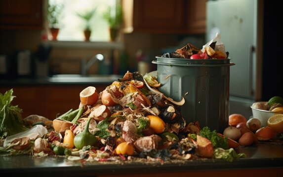 A compost bin filled with food scraps on a kitchen countertop showcasing the convenience of composting in everyday life