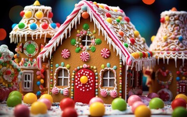 Naklejka premium A gingerbread house adorned with colorful candies and icing