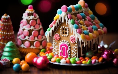 Fototapeta na wymiar A gingerbread house adorned with colorful candies and icing