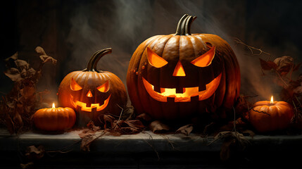 Halloween pumpkins, minimal holiday celebration funny concept, autumn season background.