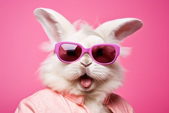 Cute Easter Bunny Dressed with Sunglasses on a Pink Background with Space for Copy