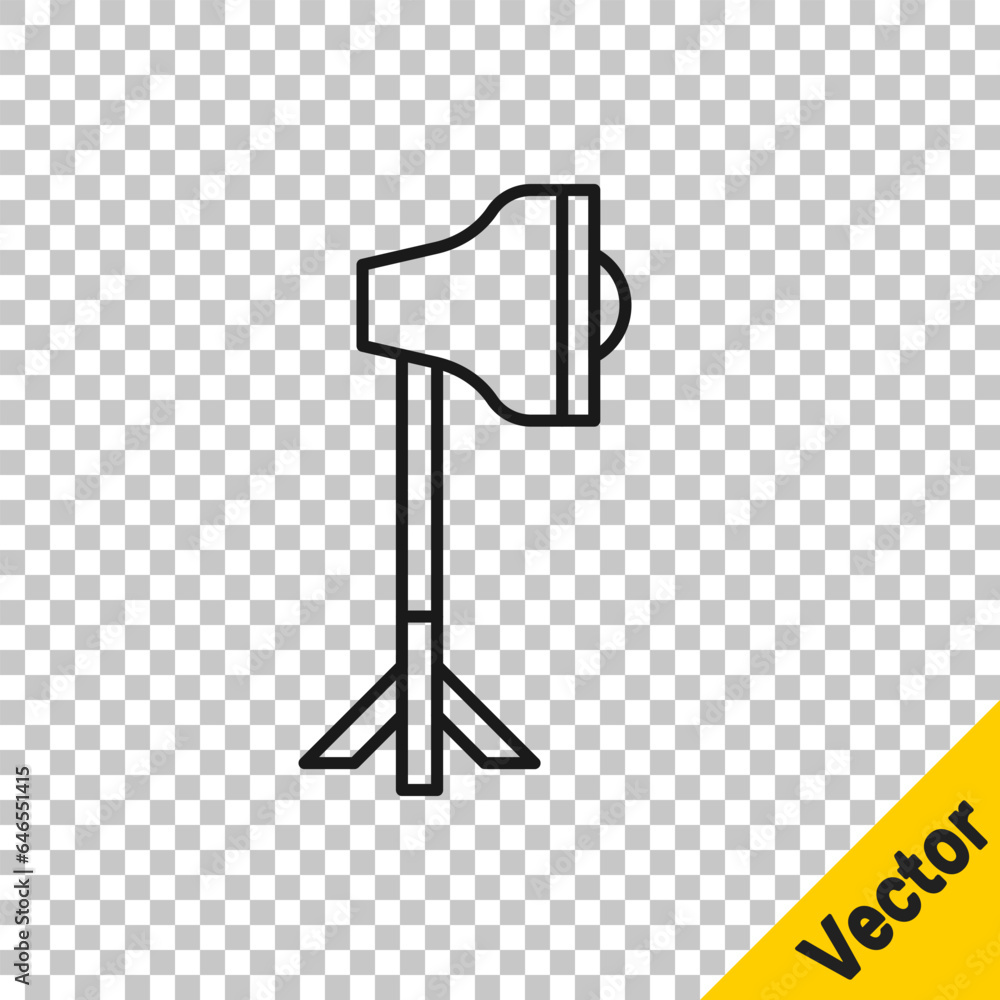 Poster black line studio light bulb in softbox icon isolated on transparent background. shadow reflection d