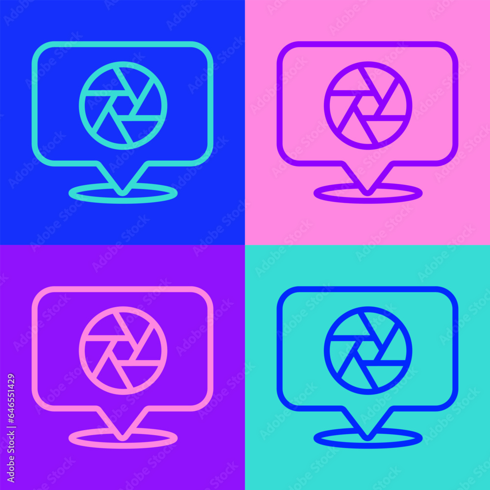Poster pop art line camera shutter icon isolated on color background. vector