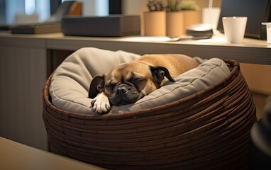 A close-up of a dog sleeping in its pet bed under an employee's desk, highlighting the integration of pets into the work routine and the comfort they bring to the office