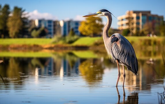 A great blue heron near a city pond, highlighting the return of water birds to urban wetlands and the significance of preserving urban natural habitats