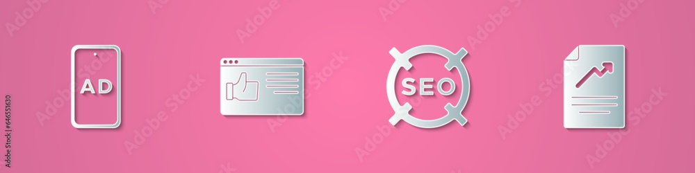 Poster set paper cut advertising, browser window, seo optimization and document with graph chart icon. pape