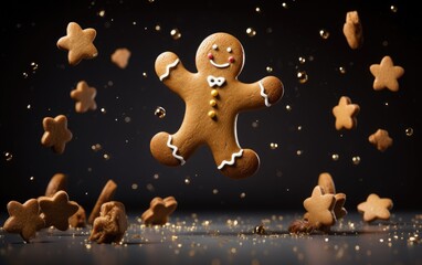 Gingerbread man cookie and star cookies floating in the air
