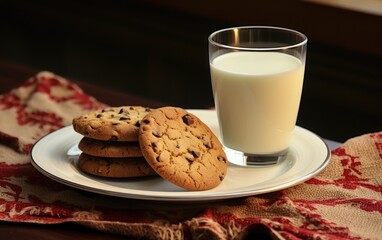 A glass of milk and chocolate chip cookies on a plate