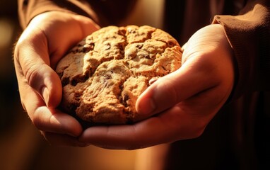 Hands holding a chocolate chip cookie