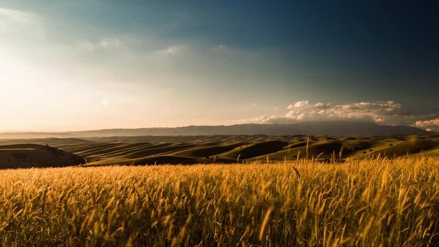Field with wheat timelapse. Fields and hills in sunlight. Day turns to evening. Sun sets below horizon and at that moment paints everything around in orange. Joyful peaceful cinematic wilderness.