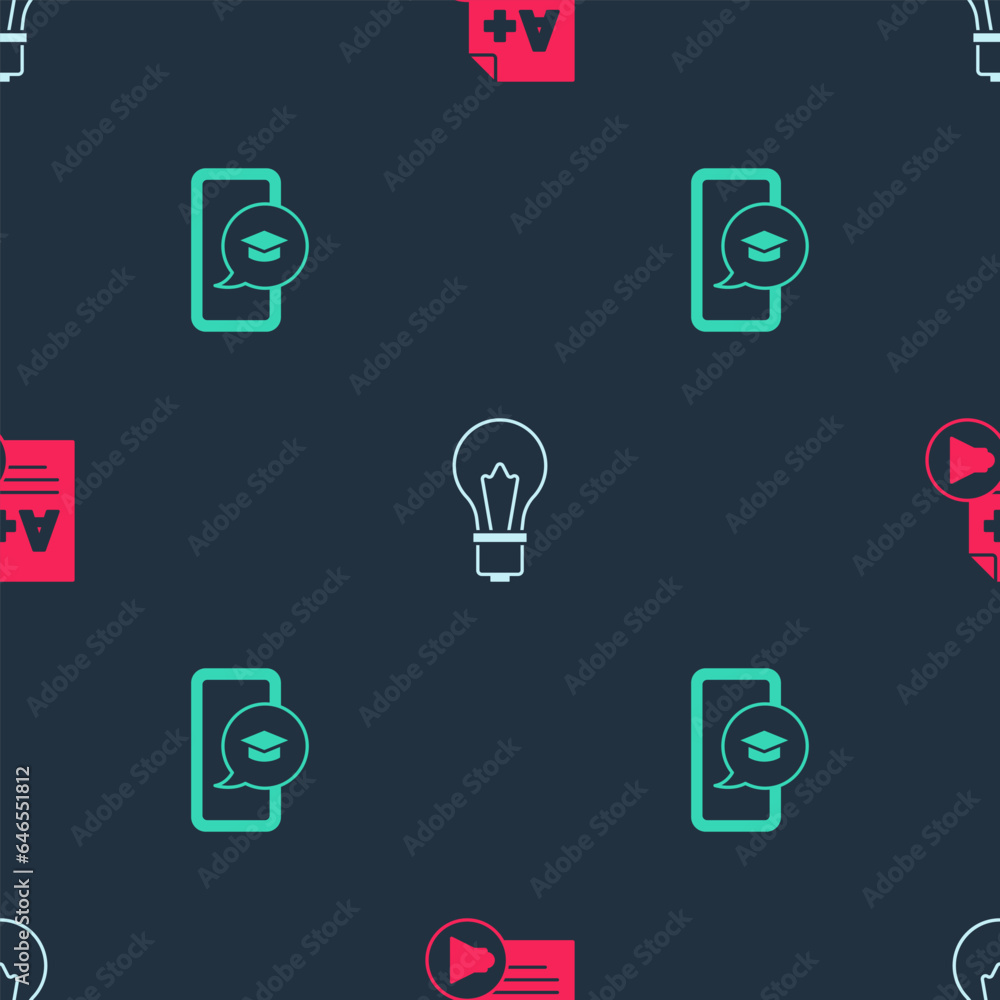 Poster set exam sheet with a plus grade, light bulb idea and graduation cap on mobile on seamless pattern. 
