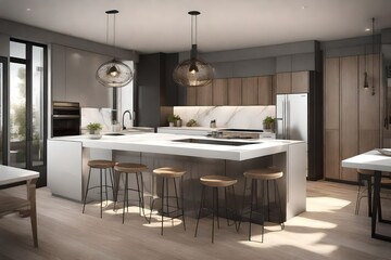  3D rendering of an open-concept kitchen that flows into a dining area. Showcase a harmonious design that encourages cooking, dining, and socializing in one integrated space