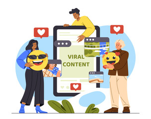People with viral content concept. Man and woman with emoji and emoticons near smartphone screen. Young people near social media. Interesting content on Internet. Cartoon flat vector illustration