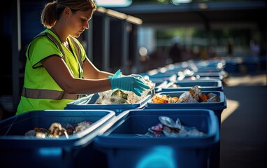 Fototapeta na wymiar Female worker sorting recyclable materials into separate bins in a recycling facility, showcasing the importance of waste segregation and recycling