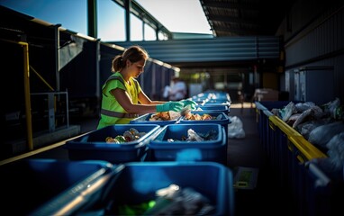 Female worker sorting recyclable materials into separate bins in a recycling facility, showcasing the importance of waste segregation and recycling - obrazy, fototapety, plakaty