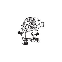 Handdrawn kid illustration, child drawing, cute kid, skiing boy, boy in skates