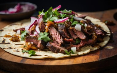 A perfectly grilled carne asada taco with meat and vegetables