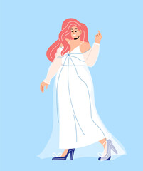 Obraz na płótnie Canvas Woman in wedding dress concept. Young girl at marriage, bride and wife. Aesthetics and elegance, beauty. Template, layout and mock up. Cartoon flat vector illustration isolated on blue background
