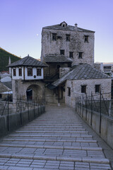 View to Mostar old town from the top of the Stari Most bridge, Mostar, Bosnia and Herzegovina