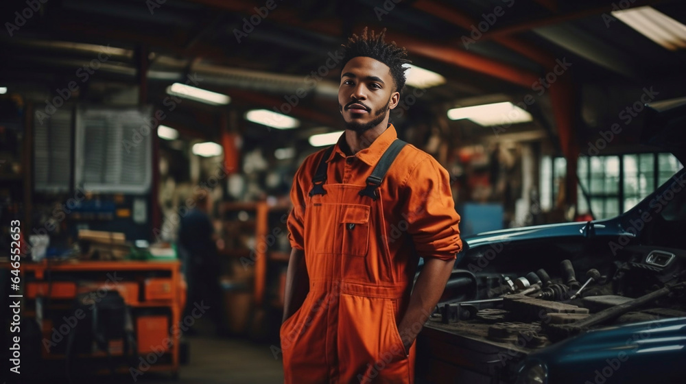 Wall mural young african american mechanic in overalls holding electric screwdriver and working with car motor 