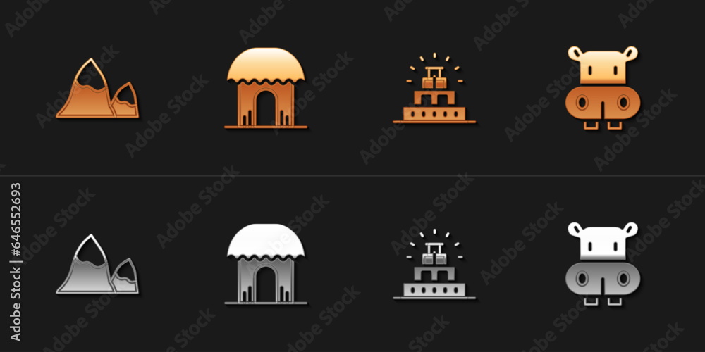 Wall mural set mountains, african hut, chichen itza mayan and hippo or hippopotamus icon. vector